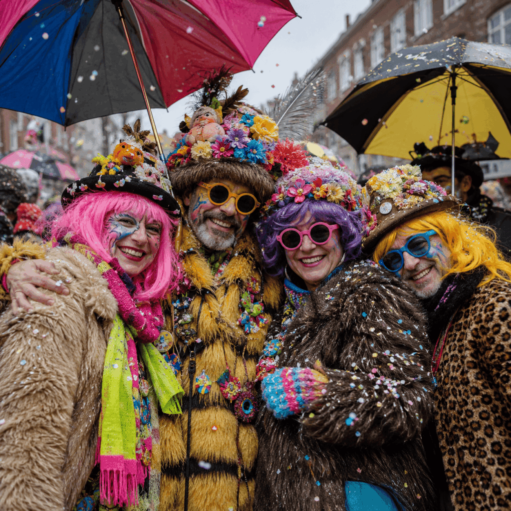 Groupe de carnavaleux en fausse fourrure, perruques et accessoires colorés dans une ambiance inspirée du Carnaval de Dunkerque.
