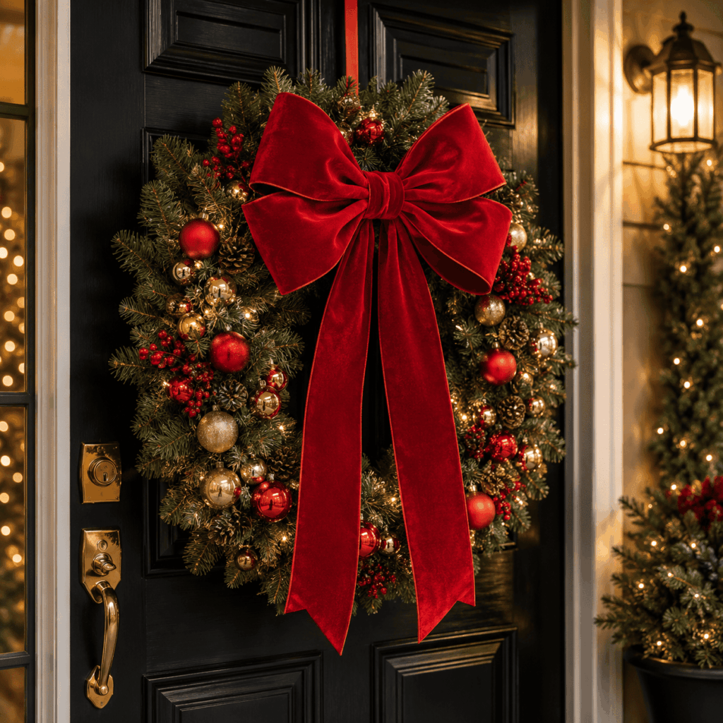 Porte d’entrée noire décorée avec une couronne de Noël végétale, des boules rouges et dorées, des pommes de pin, des lumières chaudes et un grand nœud rouge élégant au centre.