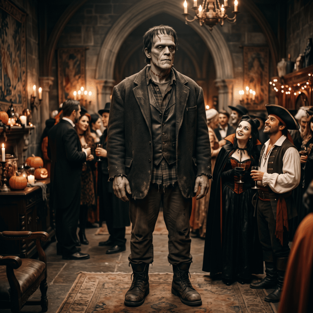 Photographie réaliste d’une créature artificielle inspirée du mythe de Frankenstein, avec costume sombre, peau gris-vert, cicatrices et expression tragique.