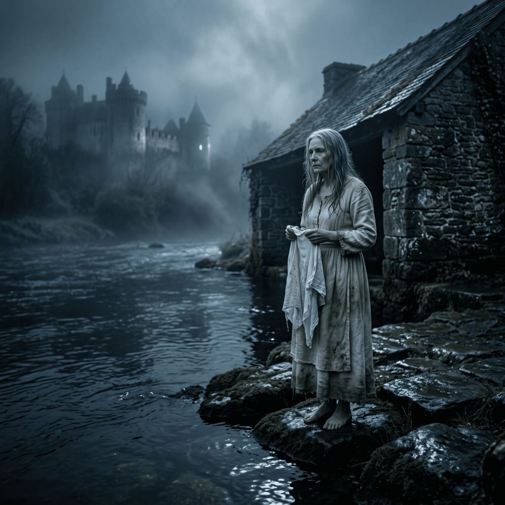 Scène nocturne réaliste inspirée des traditions européennes : une femme pâle vêtue d’une robe ancienne blanc cassé tient un linge près d’un lavoir en pierre, tandis qu’un château apparaît dans la brume.