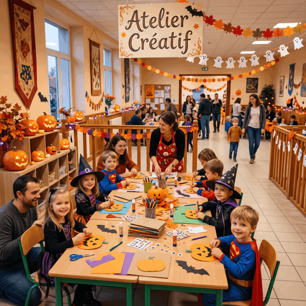 Décoration Halloween familiale dans un centre d’animation municipal avec atelier créatif et circulation dégagée