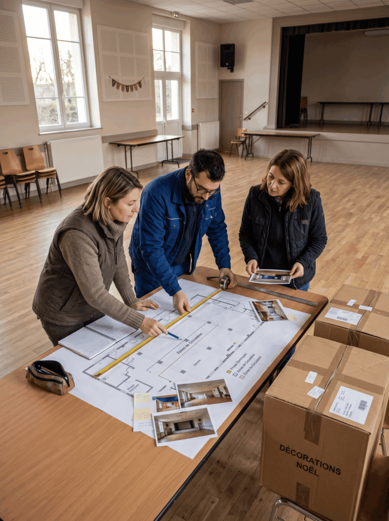 Plusieurs membres d’une équipe municipale étudient le plan d’une salle communale avec un mètre ruban, des photographies du lieu et des cartons de décorations afin d’organiser l’installation de Noël.