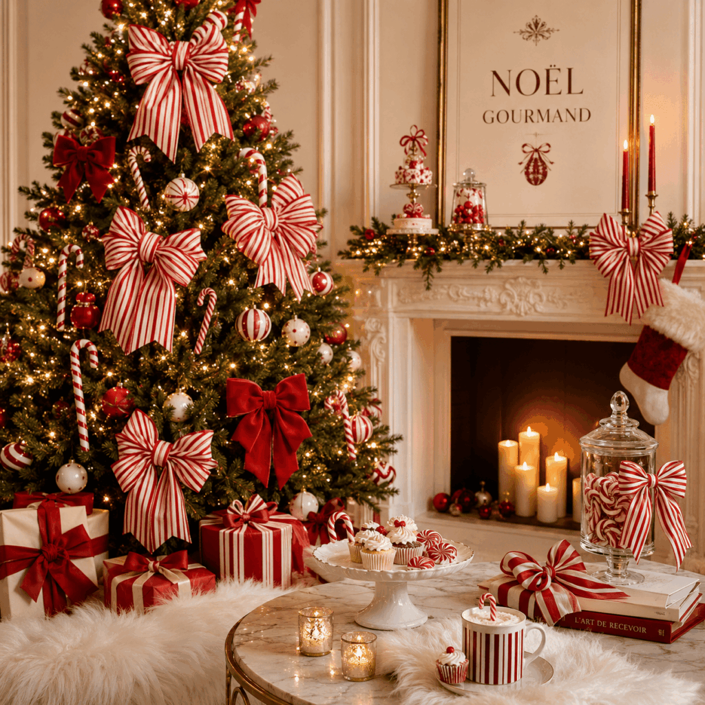 Salon décoré dans une ambiance Noël gourmande avec un sapin orné de nœuds rouges et blancs façon sucres d’orge, des cannes candy, des paquets cadeaux assortis, des douceurs et une cheminée lumineuse.