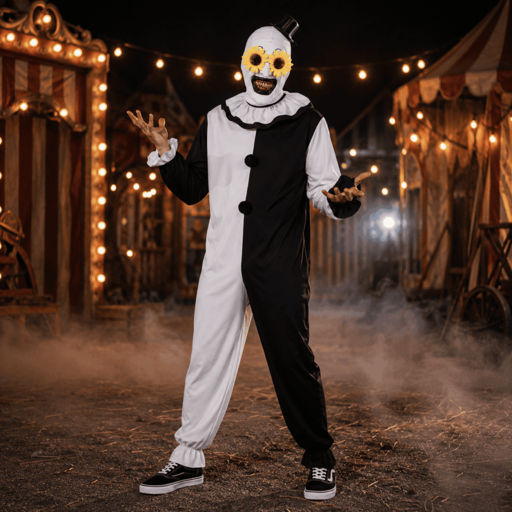 Homme portant un costume de clown noir et blanc, un masque souriant, un petit chapeau noir et des lunettes en forme de fleurs jaunes, dans un décor de fête foraine inquiétante.