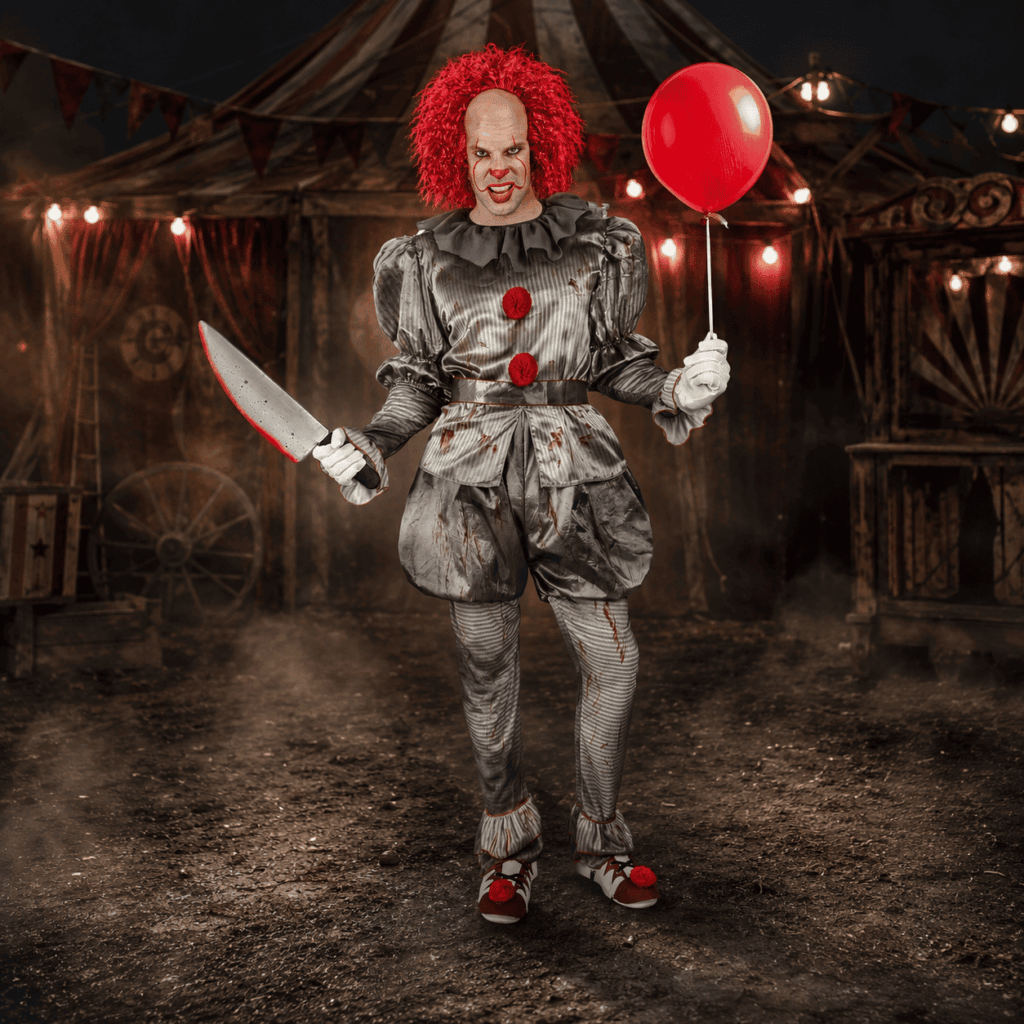 Homme portant un déguisement de clown tueur gris et rouge, avec perruque rouge, ballon et accessoire factice, dans un décor de cirque abandonné pour Halloween.