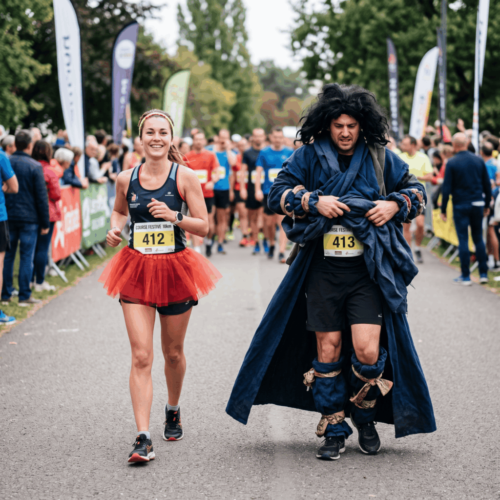 Deux coureurs comparent leurs tenues avant une course déguisée : l’une porte une tenue de running avec un tutu court et un serre-tête léger, tandis que l’autre est gêné par une cape et une perruque encombrantes.