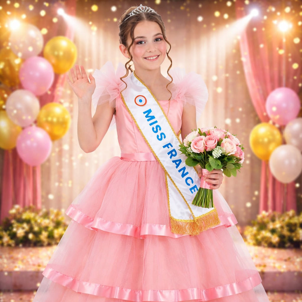 fillette portant une robe de princesse pastel avec diadèmes et écharpes de miss sur une scène lumineuse, dans une ambiance festive idéale pour un déguisement de miss enfant, un carnaval, un anniversaire ou une fête costumée.