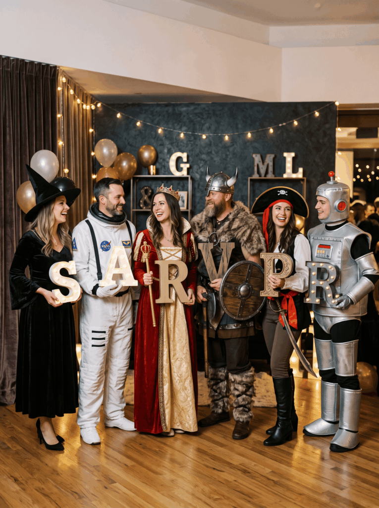 Six adultes déguisés en pirate, reine, sorcière, robot, astronaute et Viking posent ensemble devant un photobooth lors d’une soirée alphabet.