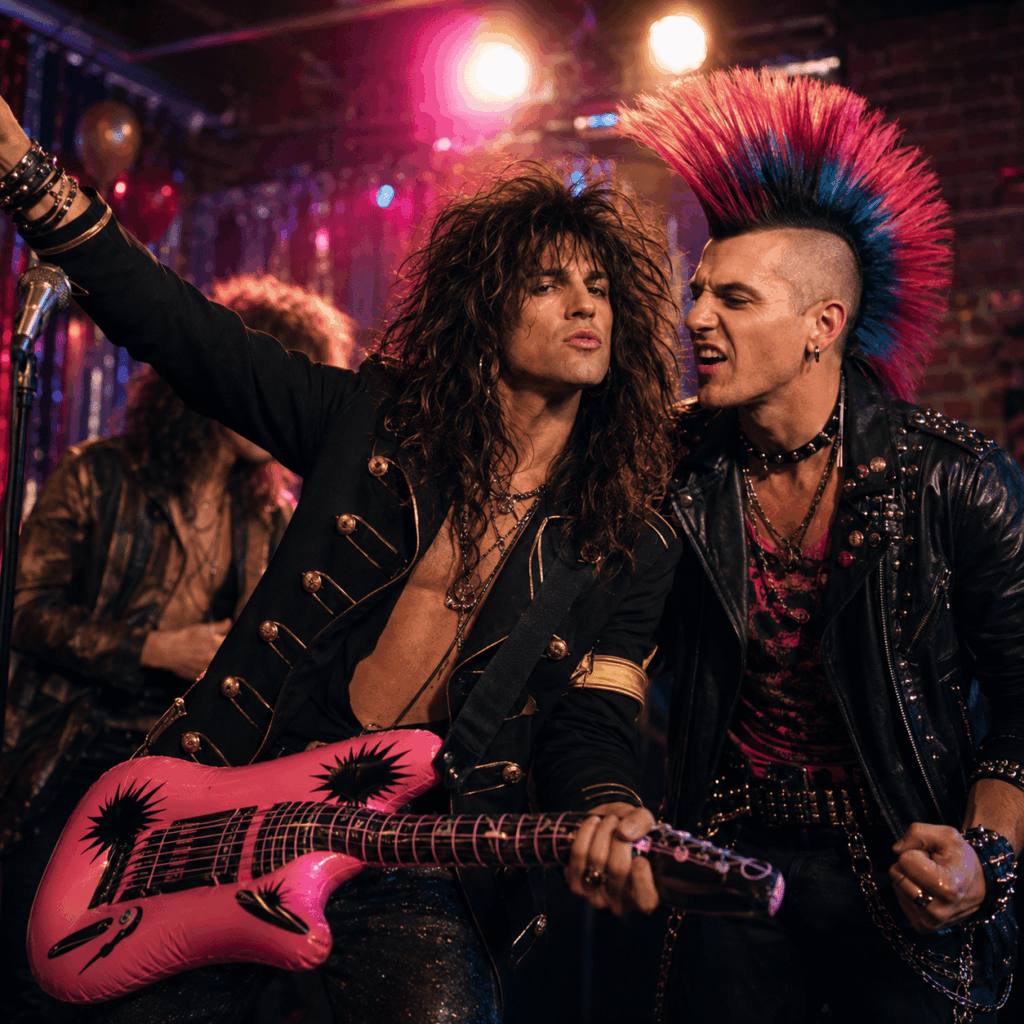 Deux hommes costumés en rock star et punk des années 80 posent sur une scène avec une perruque volumineuse, une crête colorée et une guitare factice.