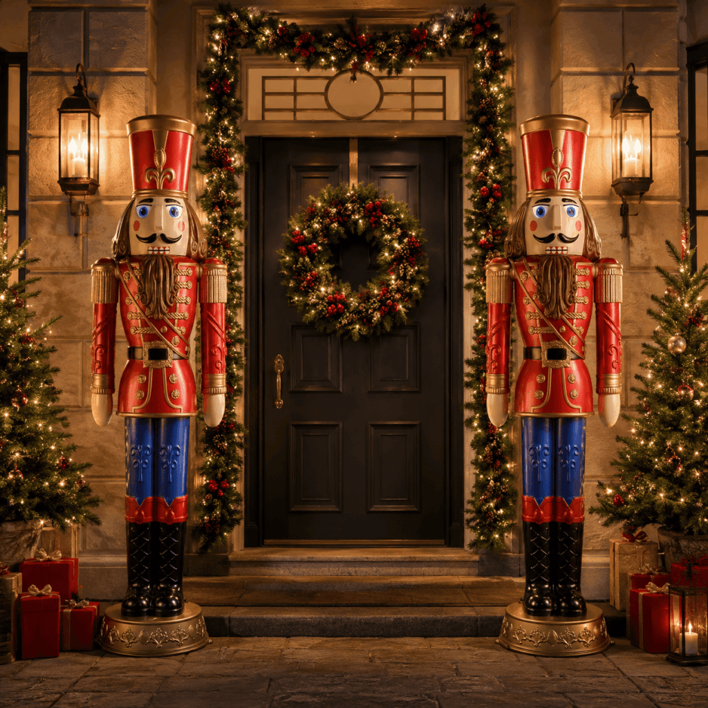 Deux grands Casse-Noisette de Noël de 1,85 m sont placés de chaque côté d’une entrée décorée avec guirlandes lumineuses, couronne, sapins et cadeaux pour créer un décor chic et spectaculaire.