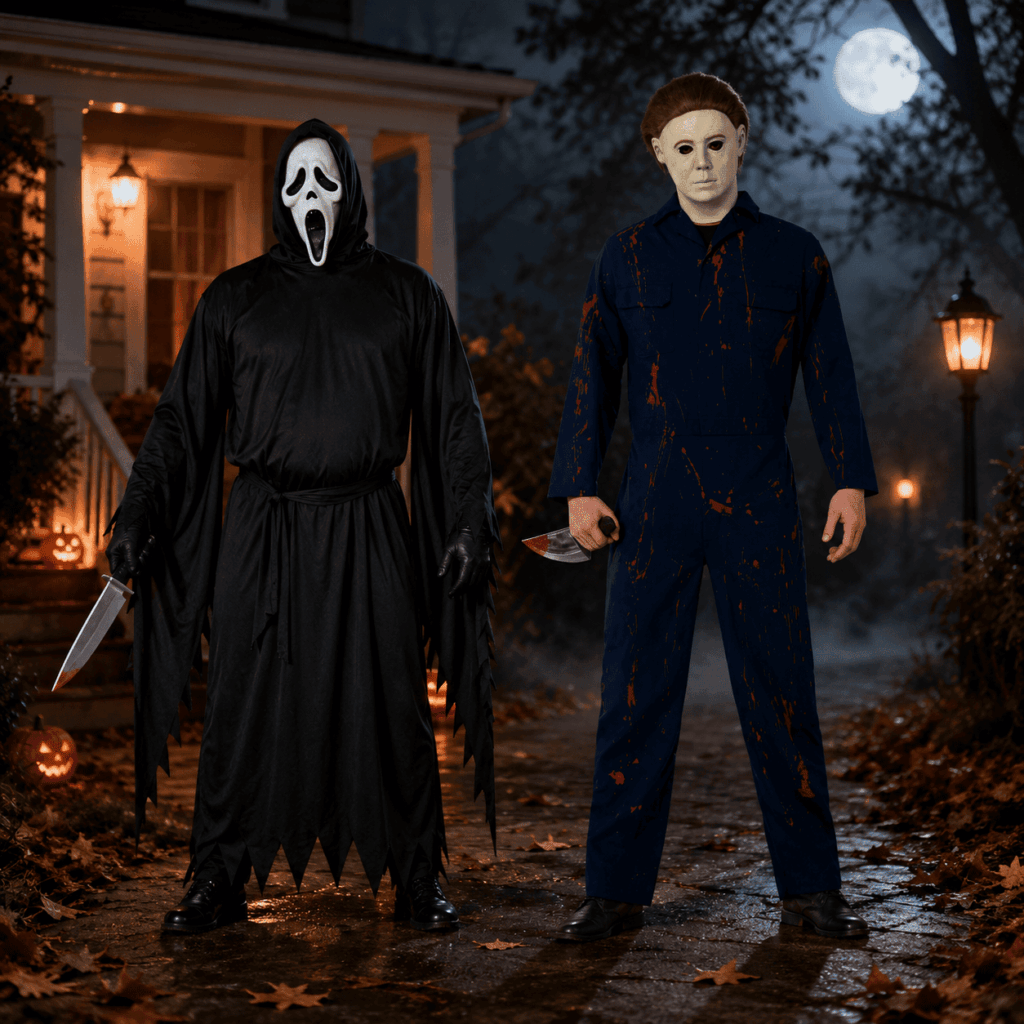Deux hommes déguisés en personnages d’horreur se tiennent devant une maison hantée éclairée, avec brume, citrouilles et pleine lune en arrière-plan.