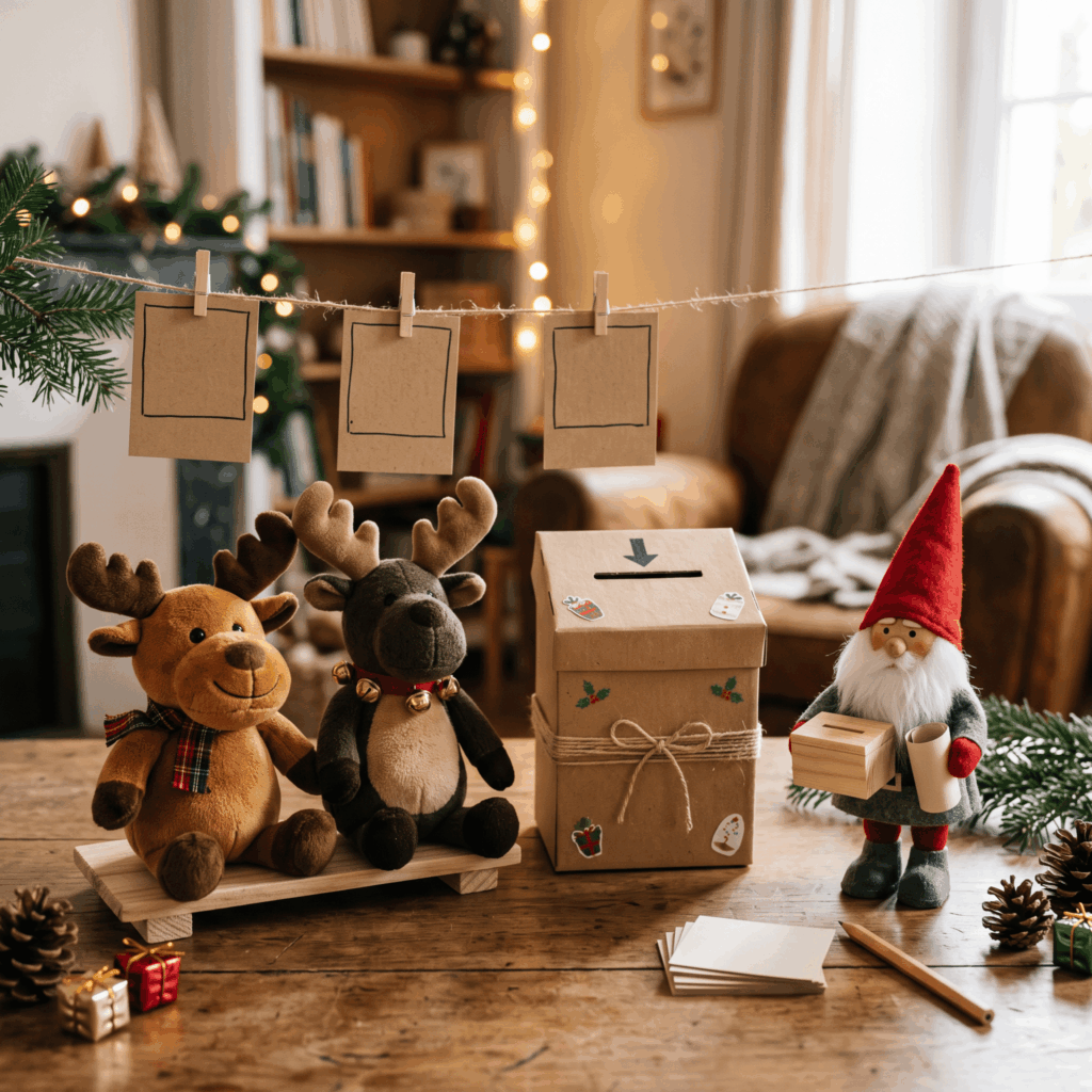 Deux peluches ou figurines de rennes sont présentées comme candidates devant une urne en carton, sous la supervision d’un petit lutin de Noël, dans une scène familiale drôle, lisible et peu chargée.