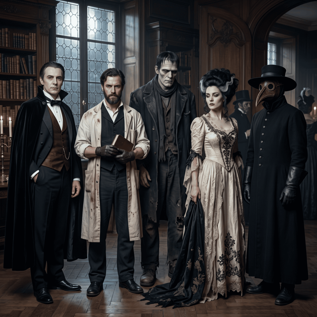Cinq adultes incarnent de grandes figures gothiques dans un manoir : Dracula, Victor Frankenstein, sa créature, une mariée victorienne inquiétante et un médecin de la peste au masque à bec.