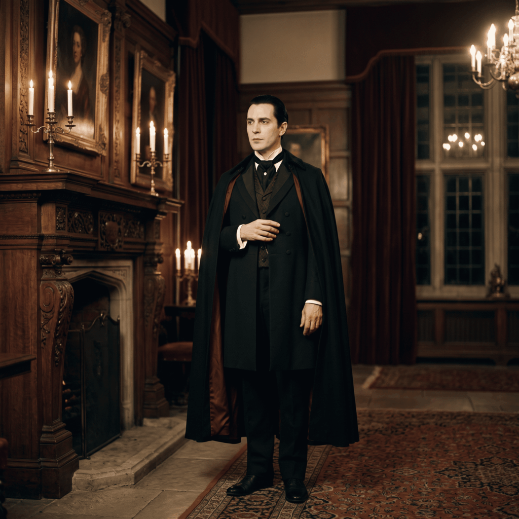 Dracula adopte une posture droite et une expression maîtrisée dans un décor gothique éclairé à la bougie.