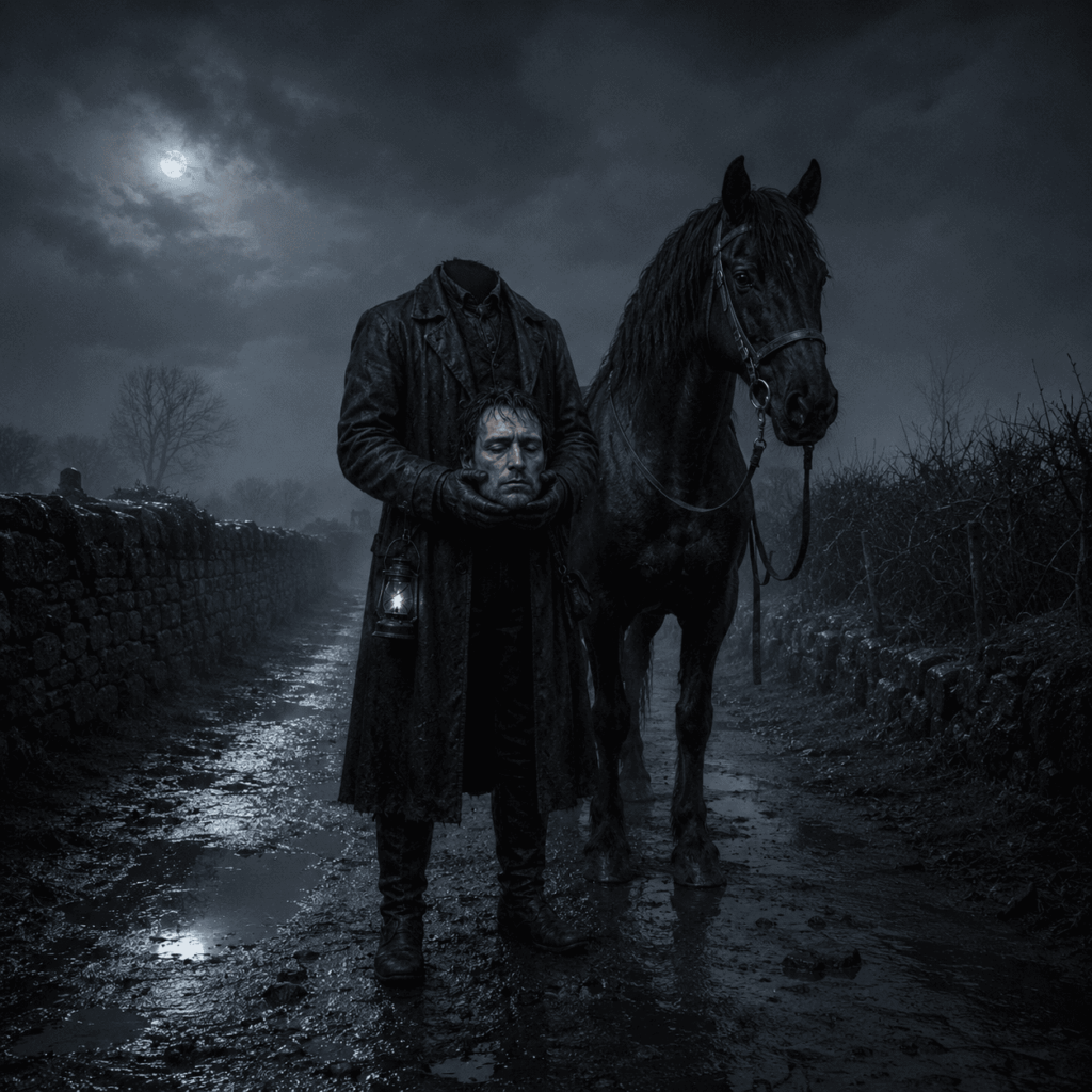 Dullahan irlandais sans tête tenant son visage près d’un cheval noir sur un chemin nocturne.