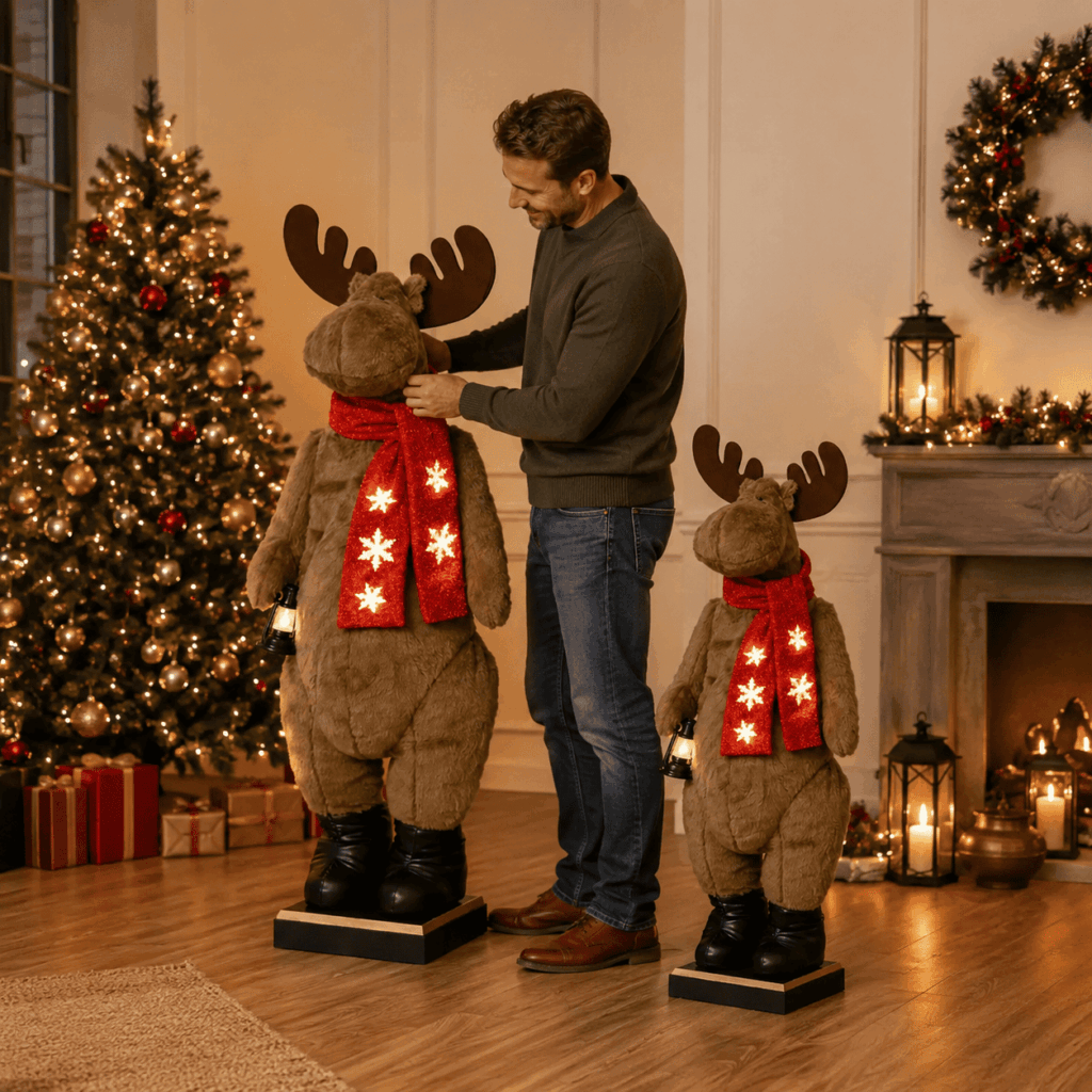 Deux élans musicaux lumineux de Noël, l’un grand et l’autre plus petit, sont installés dans un décor intérieur féerique avec sapins illuminés, cadeaux, lanternes et ambiance chaleureuse.