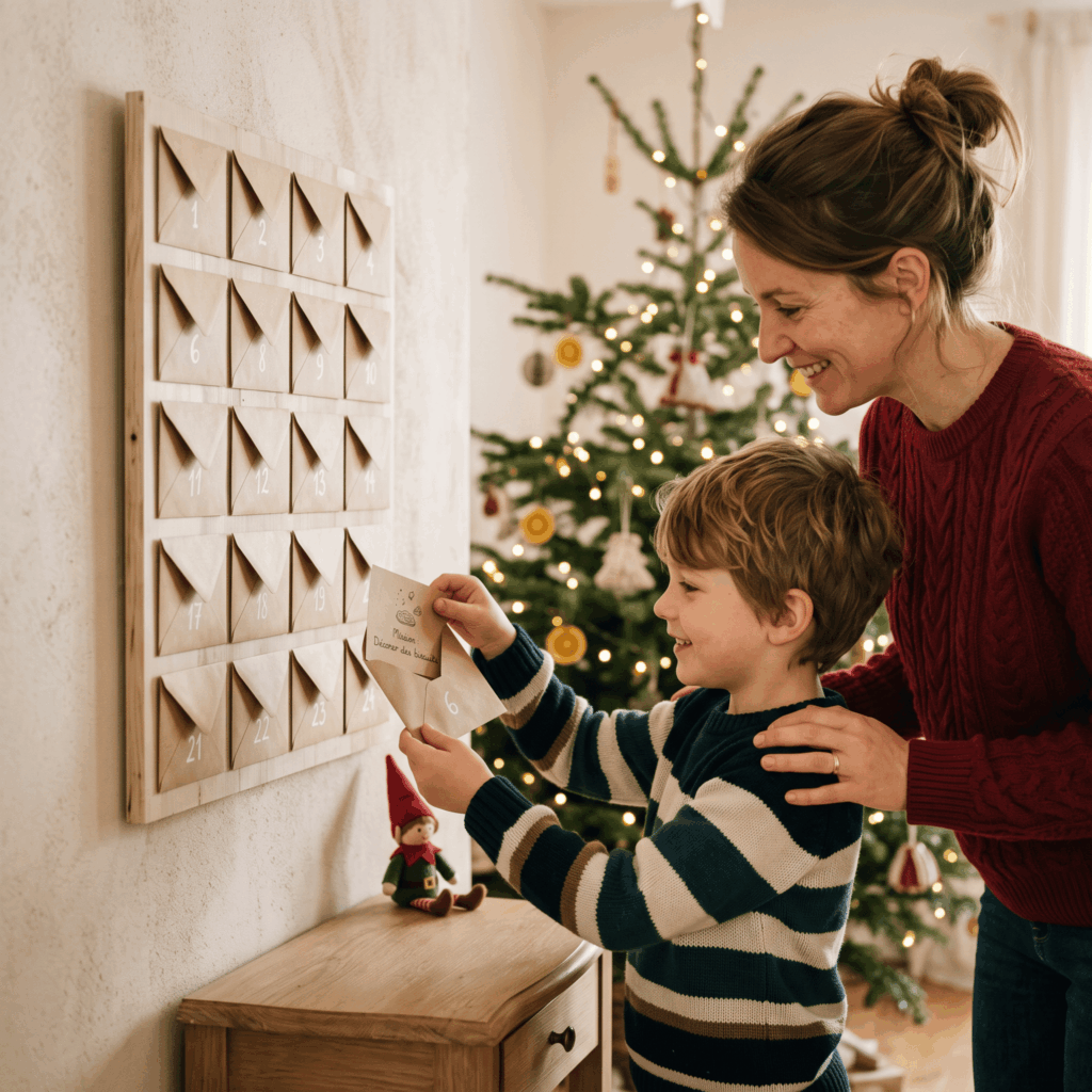 Un enfant ouvre une enveloppe d’un calendrier de l’Avent DIY mural composé de 24 pochettes kraft, accompagné par un parent, avec un petit lutin discret dans un salon décoré pour Noël.