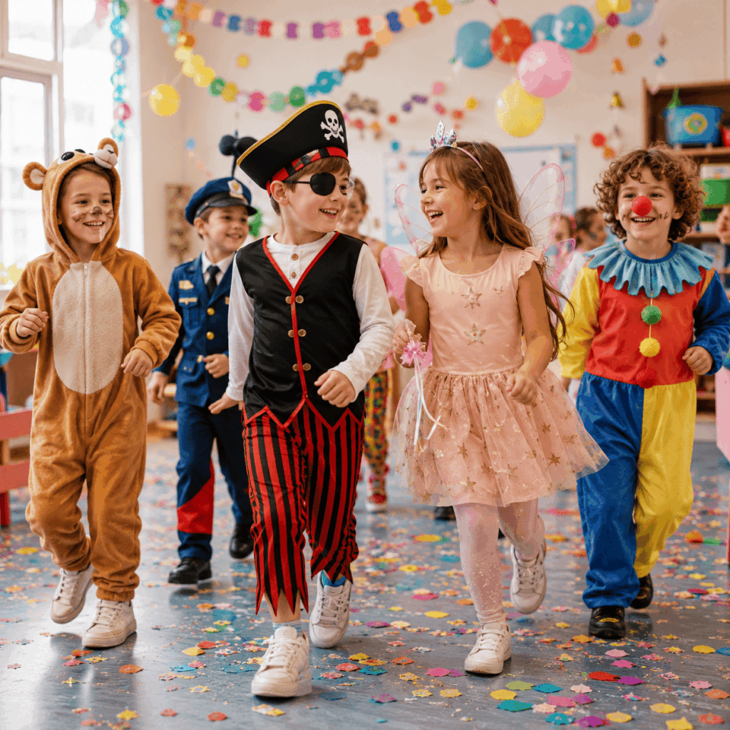 Des enfants portent des déguisements de Carnaval confortables dans une cour d’école ou une salle de classe décorée, avec des costumes de pirate, animal, princesse, clown joyeux et métier, dans une ambiance festive et rassurante.