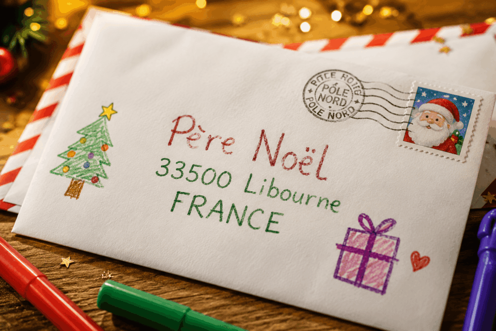 Gros plan sur une enveloppe blanche écrite au feutre par un enfant, adressée au Père Noël à Libourne et décorée d’un sapin, d’un cadeau et d’un petit cœur.