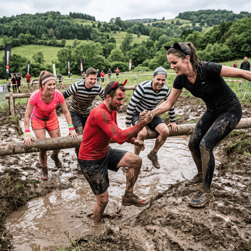 Quatre adultes clairement déguisés en diable, chat, prisonnier et sportif des années 80 s’entraident pour franchir un obstacle boueux lors d’une course en Auvergne.
