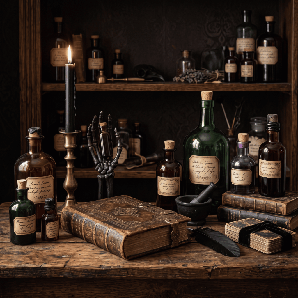 Étagère ancienne en bois sombre composée d’un grimoire, de fioles d’apothicaire colorées, d’un chandelier noir et d’objets d’alchimiste disposés sur plusieurs hauteurs.