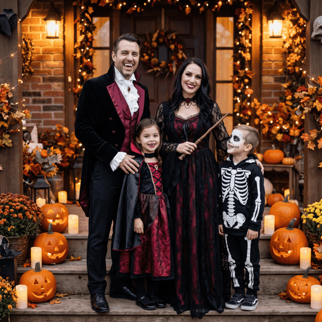 Photo réaliste d’une famille de quatre personnes composée de deux adultes et deux enfants, déguisés pour Halloween dans le même univers avec quatre costumes différents, coordonnés et élégants.