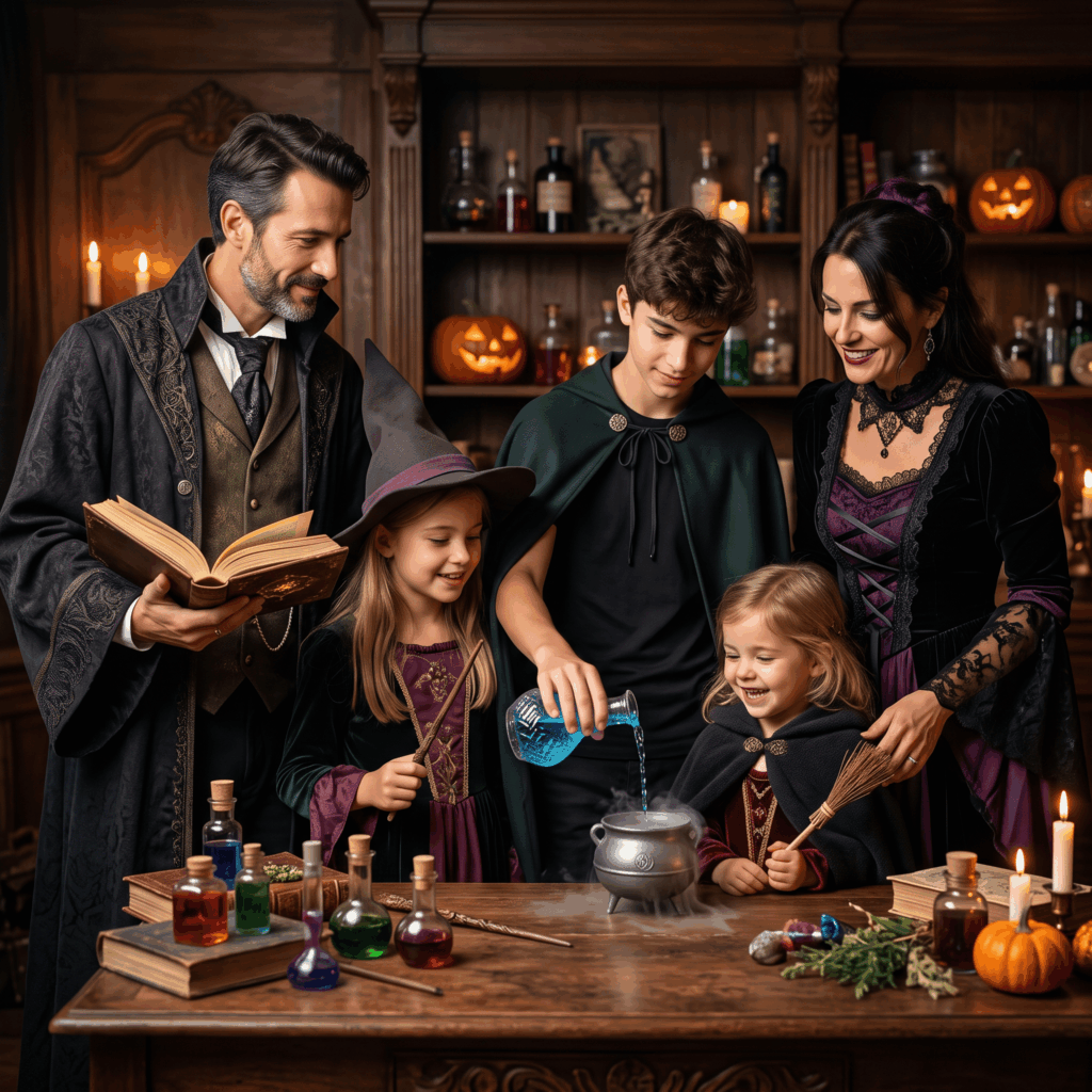 Photo réaliste d’une famille de cinq personnes composée de deux adultes, d’un adolescent et de deux enfants, portant des costumes différents de sorcières, sorciers et apprentis, coordonnés dans les mêmes couleurs pour Halloween.