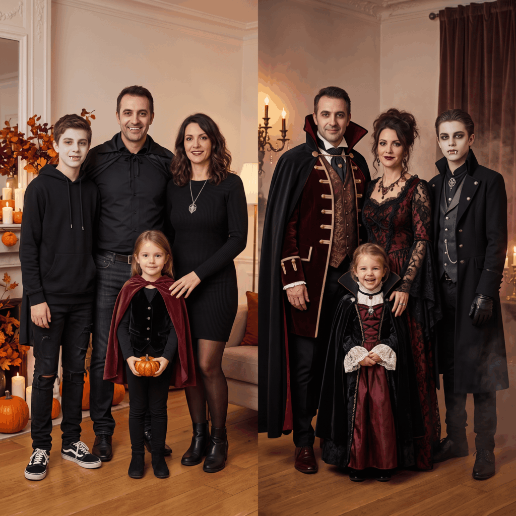 Image comparative montrant la même famille de deux adultes et deux enfants en vampires, d’abord avec des vêtements noirs et quelques accessoires simples, puis avec des costumes complets et une mise en scène Halloween plus spectaculaire.