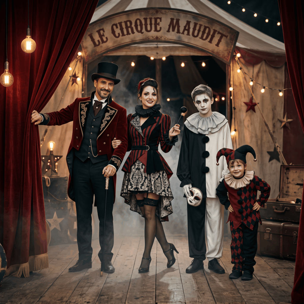 Photo réaliste de deux parents, d’un adolescent et d’un enfant portant des costumes coordonnés de Monsieur Loyal, artiste gothique, Pierrot fantôme et petit bouffon dans un décor de cirque maudit pour Halloween.