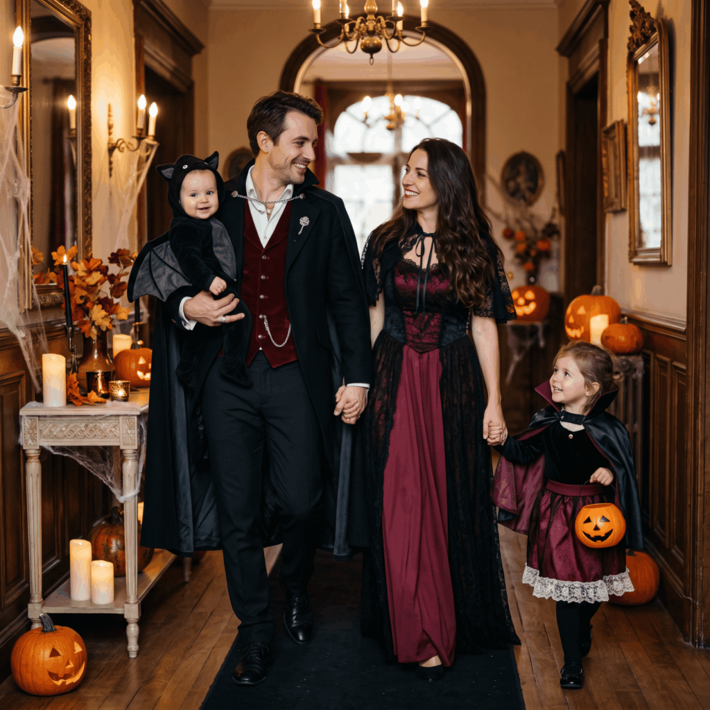 Photo réaliste de deux parents déguisés en vampires avec leur jeune enfant en petit vampire et leur bébé en costume souple de chauve-souris, dans une ambiance Halloween élégante aux couleurs noires et bordeaux.