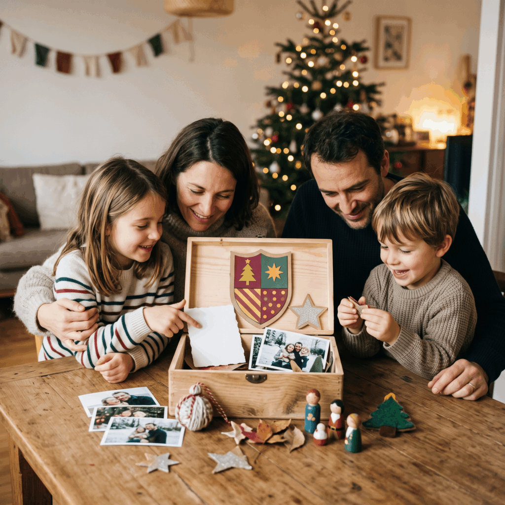 Une famille découvre le coffre des souvenirs de son calendrier de l’Avent DIY après 24 jours d’activités et de moments partagés avant Noël.
