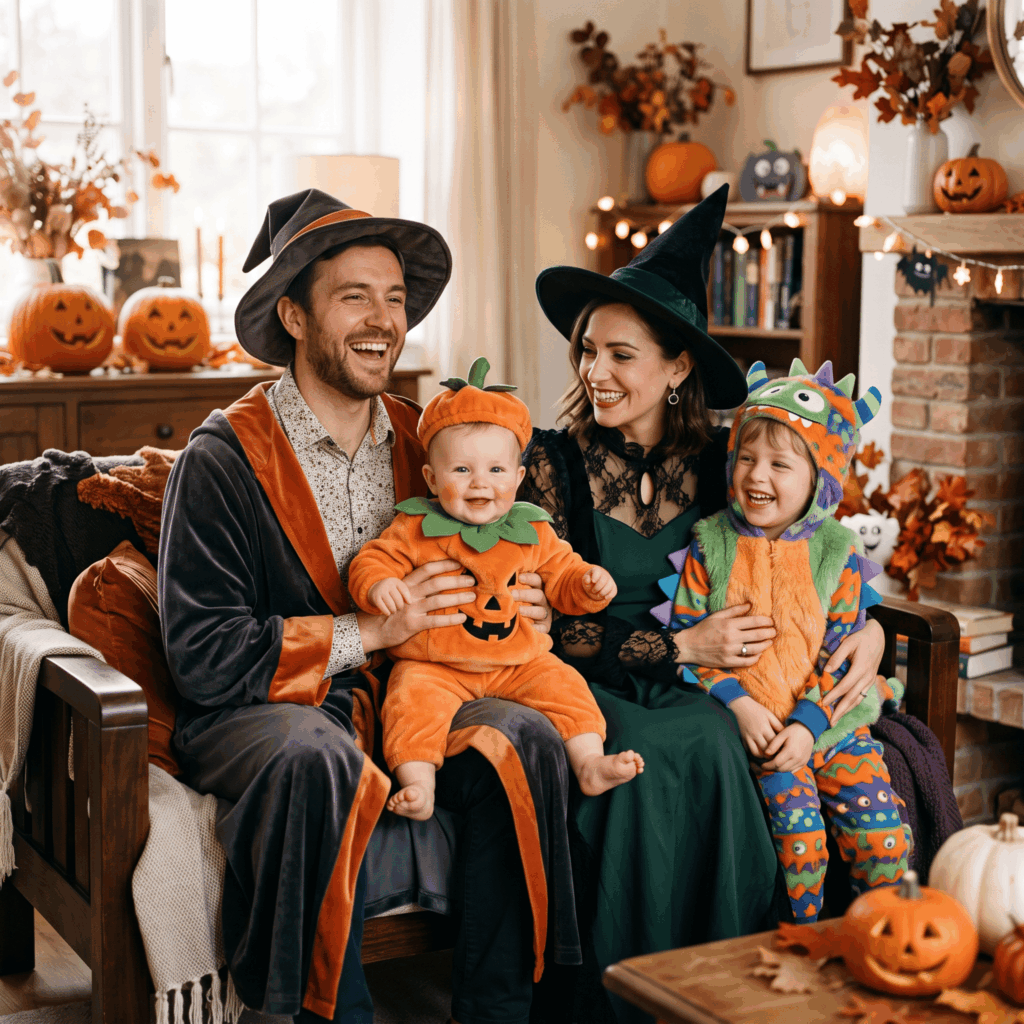 Parents, bébé déguisé en petite citrouille et enfant plus âgé en petit monstre posant dans un décor Halloween joyeux, avec des costumes différents coordonnés dans les mêmes couleurs.