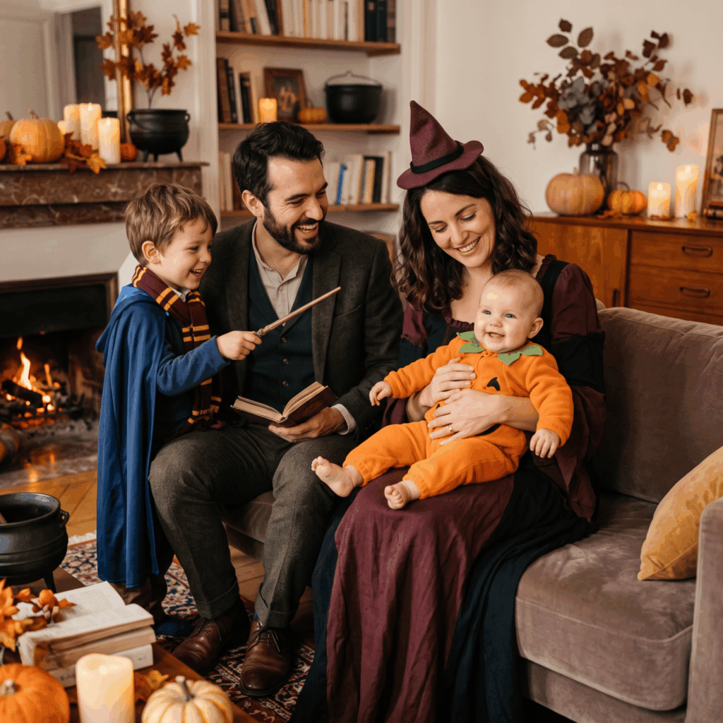 Photo réaliste de deux parents déguisés en sorcière et sorcier avec leur enfant en apprenti et leur bébé en costume souple de citrouille, installé confortablement dans une ambiance Halloween familiale et chaleureuse.
