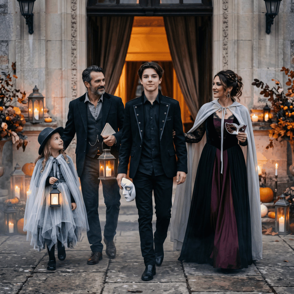 Photo réaliste de deux parents, d’un adolescent et d’un jeune enfant portant quatre costumes Halloween différents et coordonnés, l’adolescent occupant le rôle central dans un univers de bal masqué gothique.