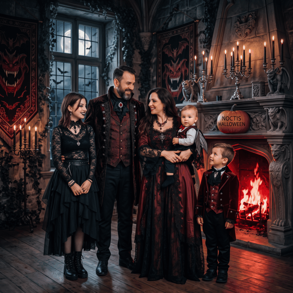 Photo réaliste d’une famille composée de deux parents, d’une adolescente, d’un jeune enfant et d’un bébé déguisés pour Halloween dans un univers vampire gothique, avec des costumes différents mais harmonisés par les mêmes couleurs et la même ambiance.