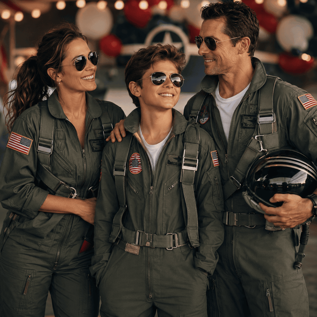 Deux adultes et un enfant portent des combinaisons de pilote et des lunettes aviateur pour un déguisement familial inspiré des années 80.