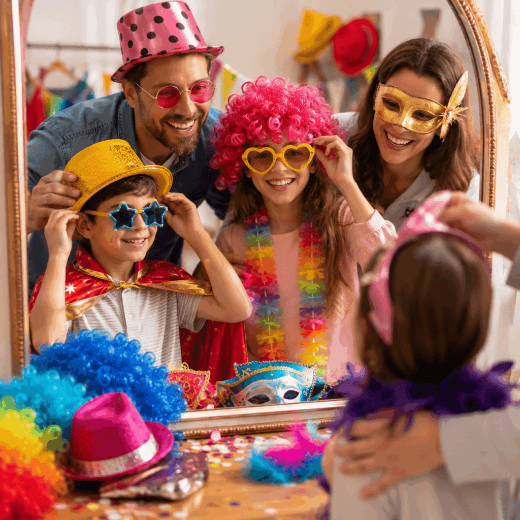 Une famille ou un petit groupe d’amis essaie des accessoires de Carnaval devant un miroir, avec des perruques, chapeaux, lunettes fantaisie, masque, cape et confettis, dans une ambiance joyeuse et complice.