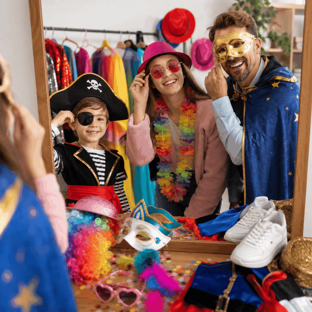 Une scène familiale montre un enfant, un adolescent et un adulte en train d’essayer des déguisements et accessoires de Carnaval devant un miroir, dans une ambiance joyeuse et complice.