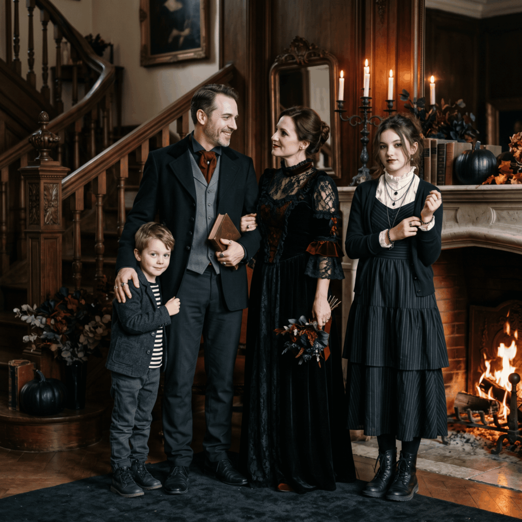 Photo réaliste de deux parents, d’une adolescente et d’un jeune enfant portant quatre costumes gothiques différents, coordonnés dans des tons noirs, gris et bordeaux pour Halloween.
