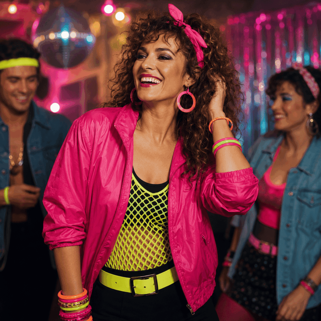 Femme souriante portant une veste rose, des bijoux colorés, une ceinture fluo et une coiffure volumineuse lors d’une soirée années 80.