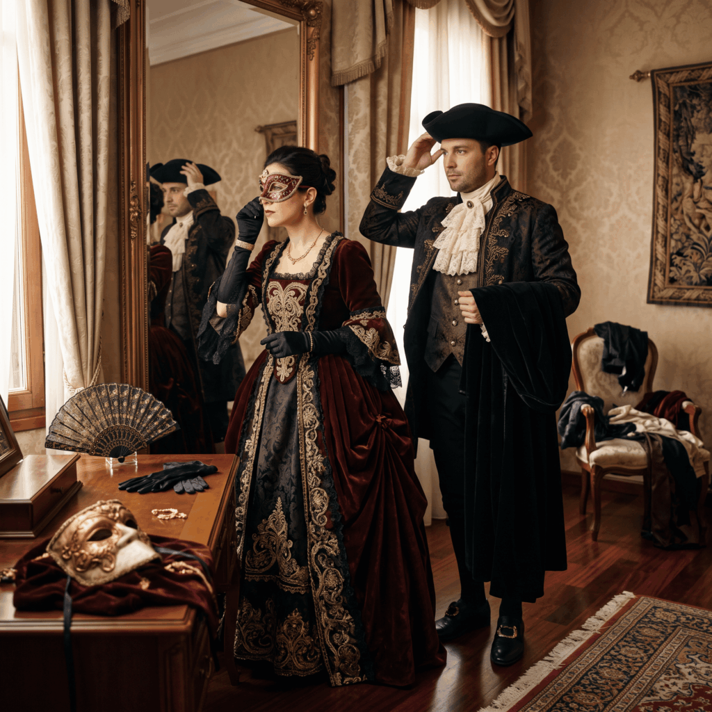 Une femme en robe baroque bordeaux ajuste son masque tandis qu’un homme en veste historique prépare son tricorne, sa cape et son masque vénitien avant un bal masqué.