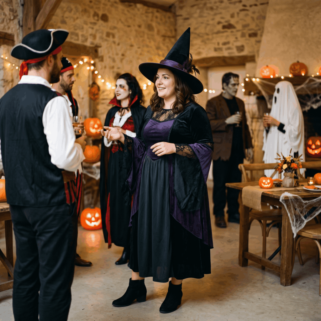Femme portant un déguisement de sorcière grande taille lors d’une soirée Halloween.