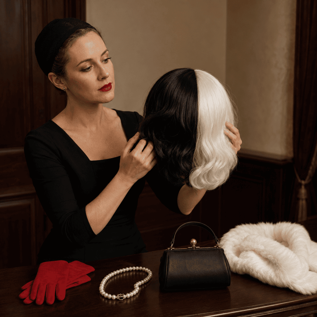 Femme préparant une tenue inspirée de Cruella avec perruque noire et blanche, gants rouges, collier, pochette et étole synthétique.