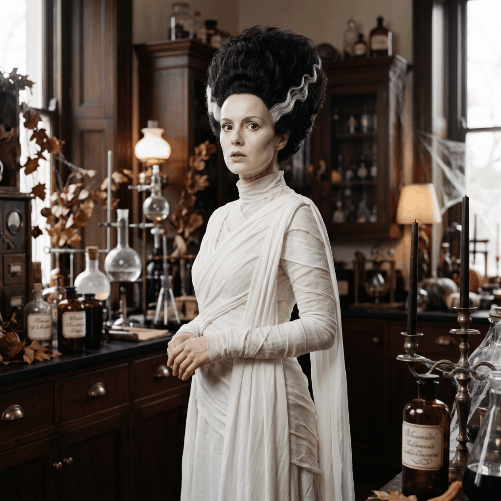 Portrait éditorial réaliste d’une créature féminine gothique inspirée de la Fiancée de Frankenstein, avec robe blanche drapée, maquillage pâle et cheveux noirs striés de blanc.