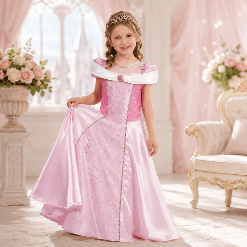 Jeune fille portant une robe de princesse rose avec diadème, posant dans un décor raffiné aux tons pastel avec fleurs et fauteuil élégant, pour illustrer un déguisement princesse fille romantique et féerique.