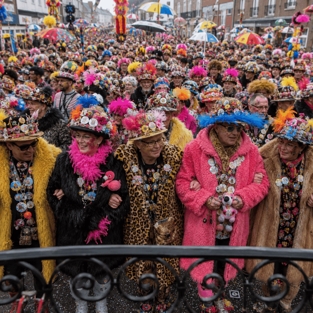 Vue depuis un balcon sur une foule dense de carnavaleux dans une rue d’hiver, avec les premiers participants bras dessus bras dessous, portant des manteaux en fausse fourrure colorés, chapeaux décorés, plumes, lunettes fantaisie, maquillage festif et accessoires de clet’che pour illustrer l’ambiance collective du Carnaval de Dunkerque.