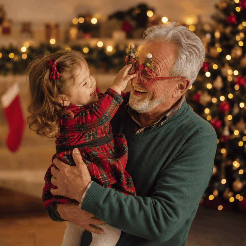 Dans un intérieur décoré pour Noël, un grand-père souriant tient sa petite-fille dans les bras tandis qu’elle essaie d’attraper ses lunettes festives en forme de sapin. La scène, tendre et chaleureuse, se déroule devant un sapin illuminé et des lumières de Noël en arrière-plan.