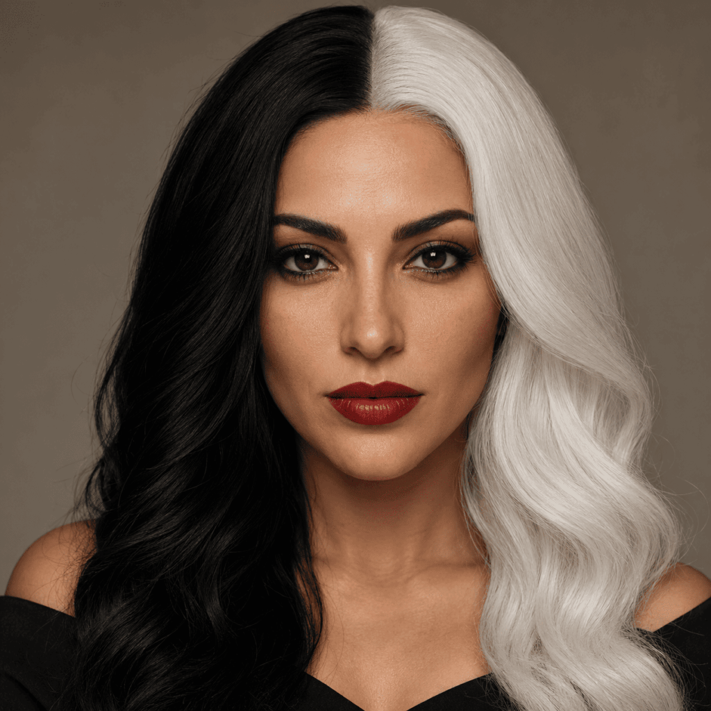 Coiffure de déguisement divisée en deux moitiés noire et blanche avec maquillage des yeux élégant et lèvres rouges.