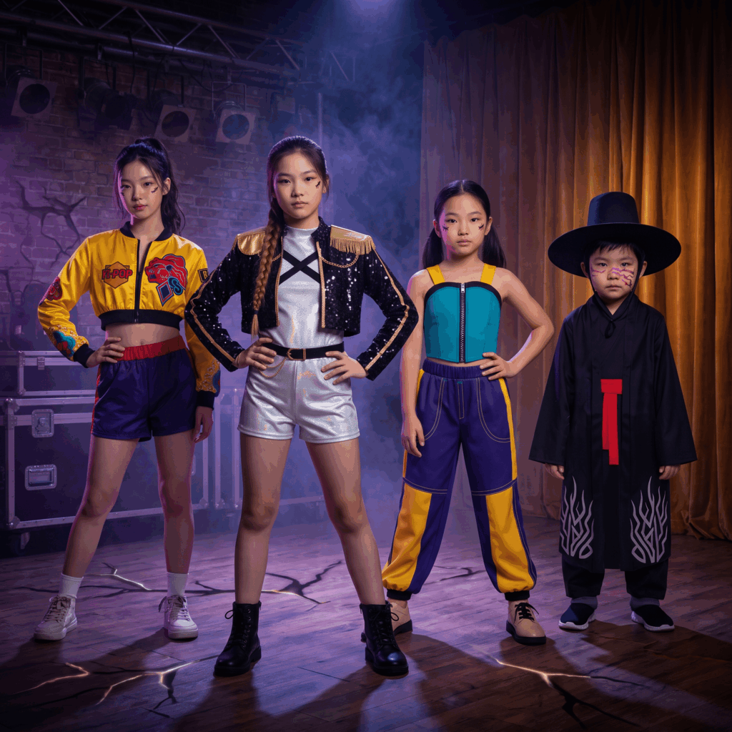 Trois filles en costumes K-pop colorés posent avec un garçon en démon noir dans une ambiance Halloween avec lumière violette, brume et décor fantastique.
