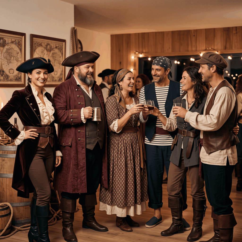 Groupe d’adultes de différentes morphologies portant des déguisements de pirates coordonnés.